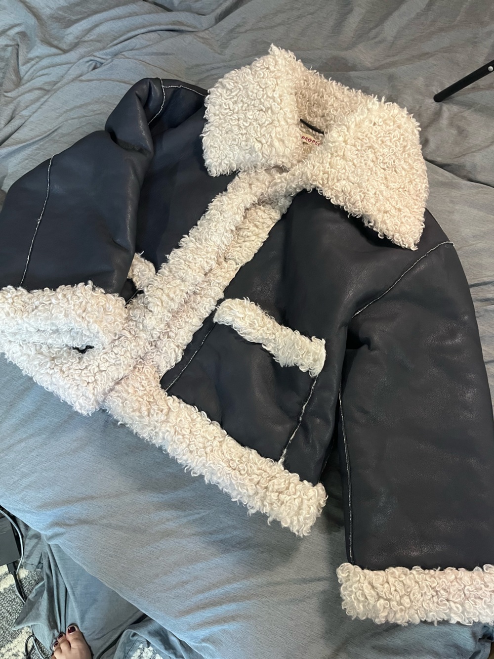 Free People Kiki Sherpa Jacket, Black/Cream, Size M EUC!